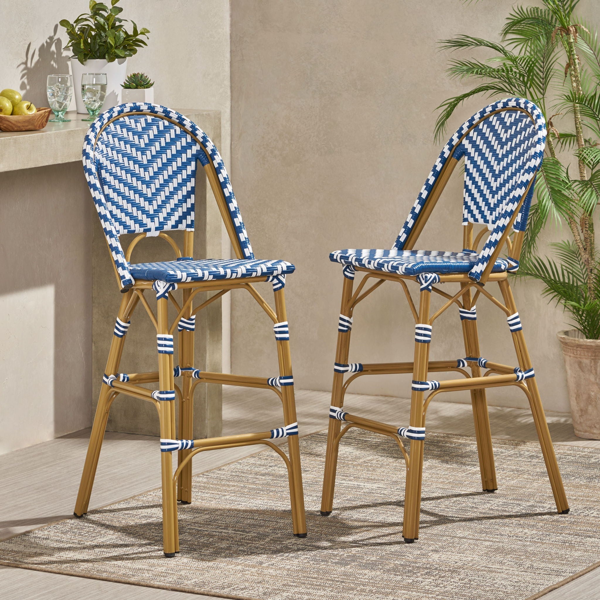Outdoor Rattan French Barstool Set - Navy Blue & White