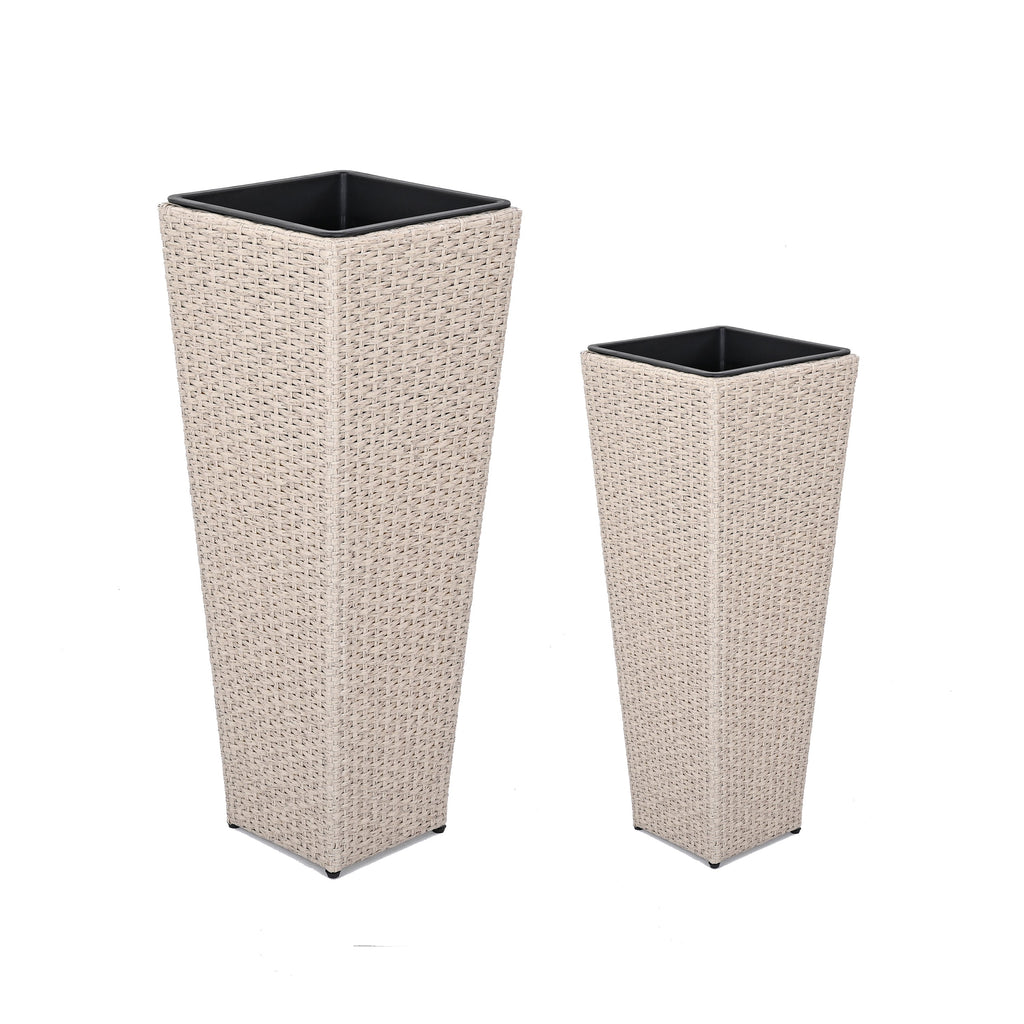 Outdoor PE Wicker Flower Pots, 2-Pcs Set, Beige