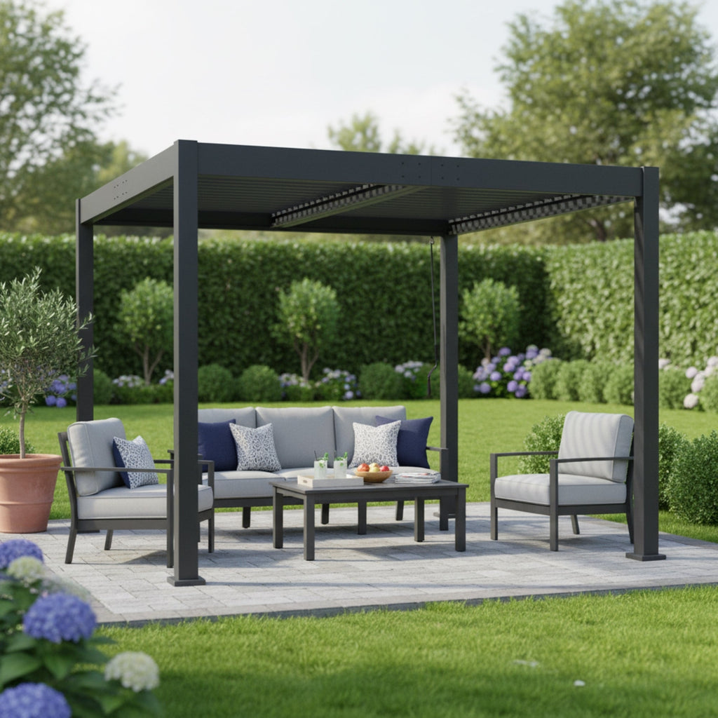 Byron Black Outdoor Pergola Aluminum with Adjustable Louvered Roof
