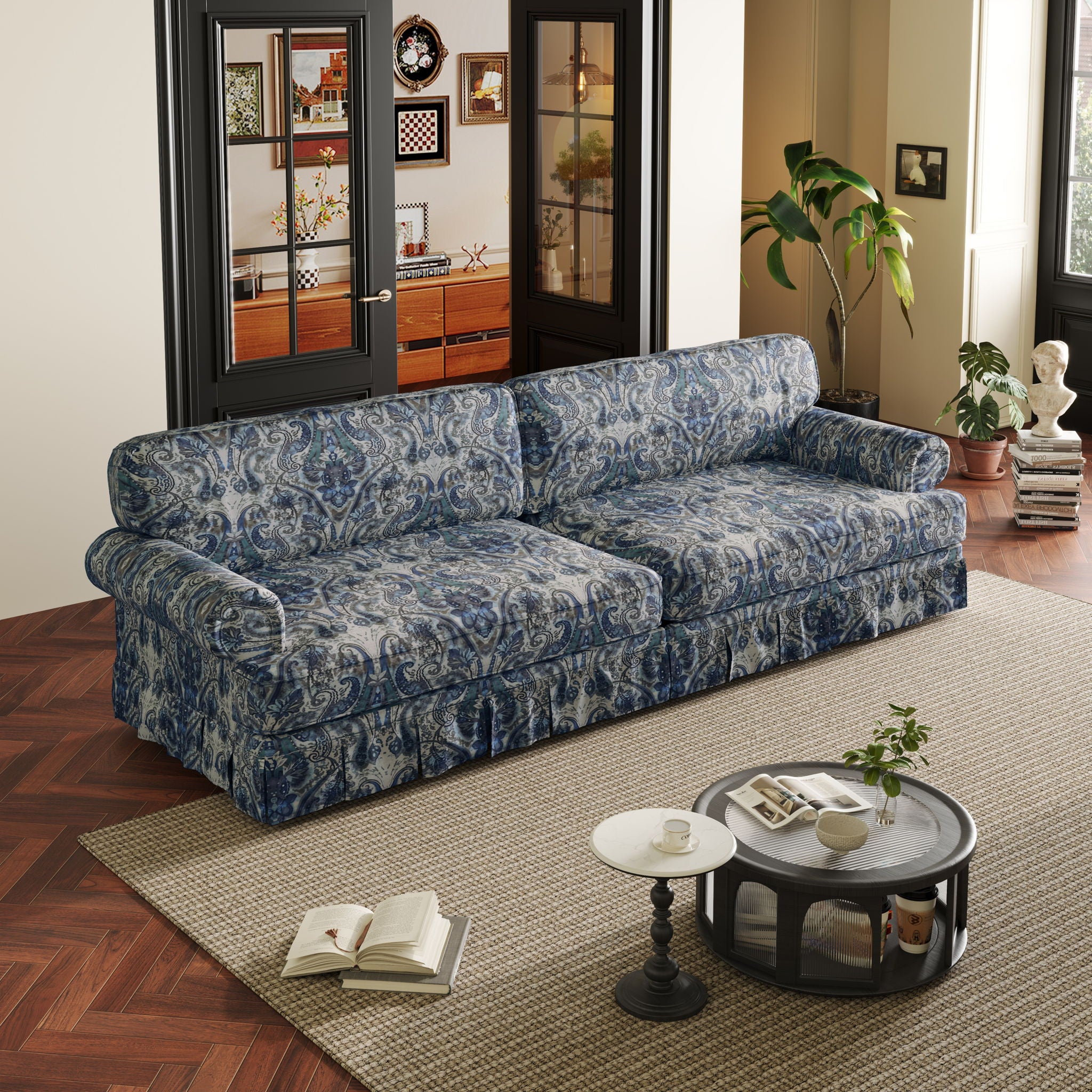 Luxuriously Comfortable Cloud Couch Sofa With Elegant Rolled Arms & Pleated Skirt Design