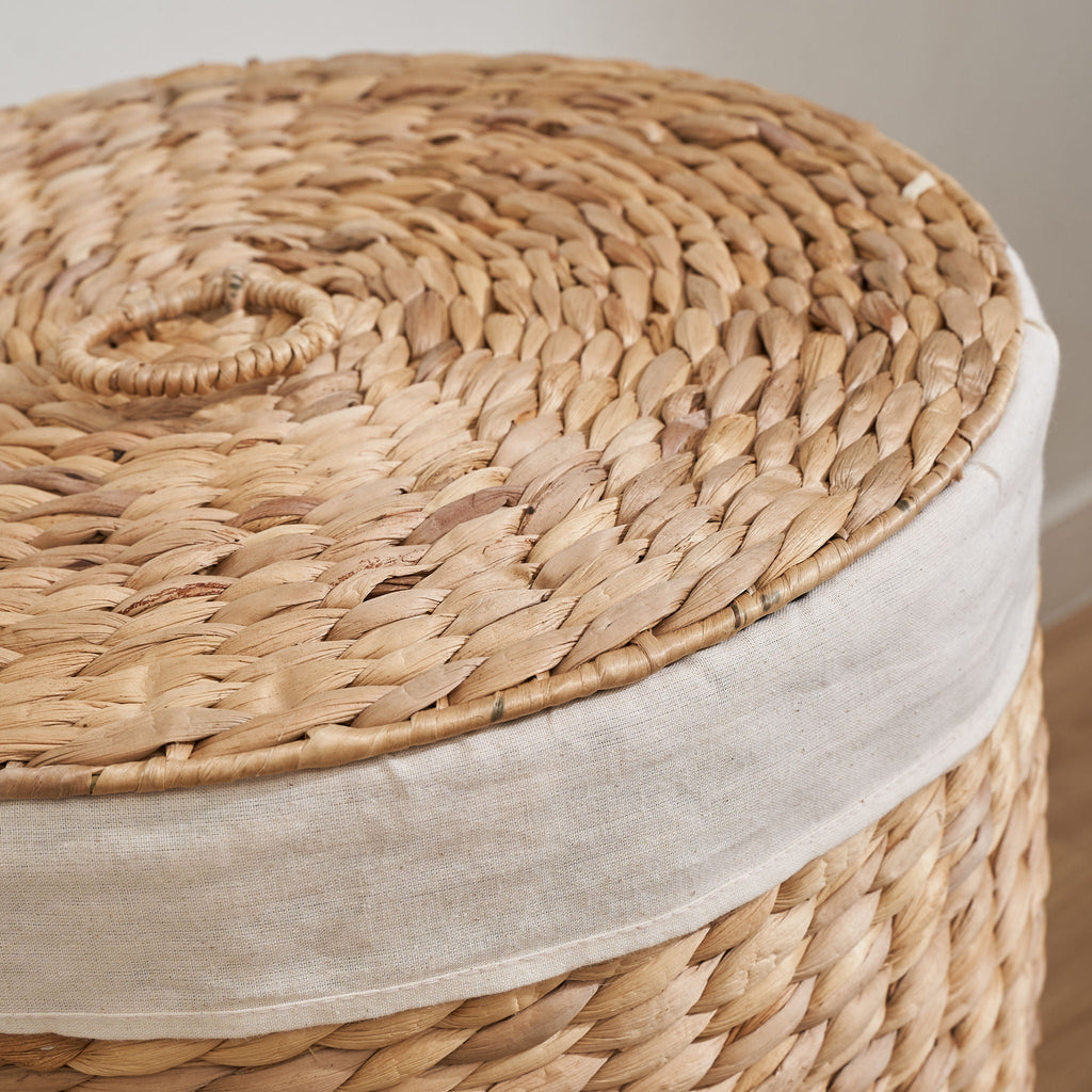 Round Tall Water Hyacinth Woven Wicker Laundry Hamper With Lid - For Clothes, Toys And Book Storage With Removable Liner - 15" X 15" X 20" - Natural Brown