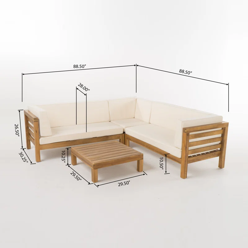 OANA Outdoor Wooden Sectional Set with Cushions, Beige