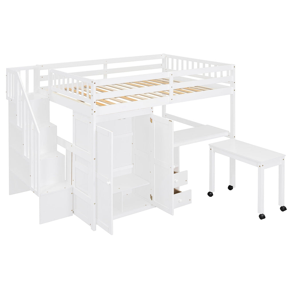 Loft Bed With Stairs, Bookshelf, Drawers, Desk & Wardrobe, Space Saving Multifunctional Furniture