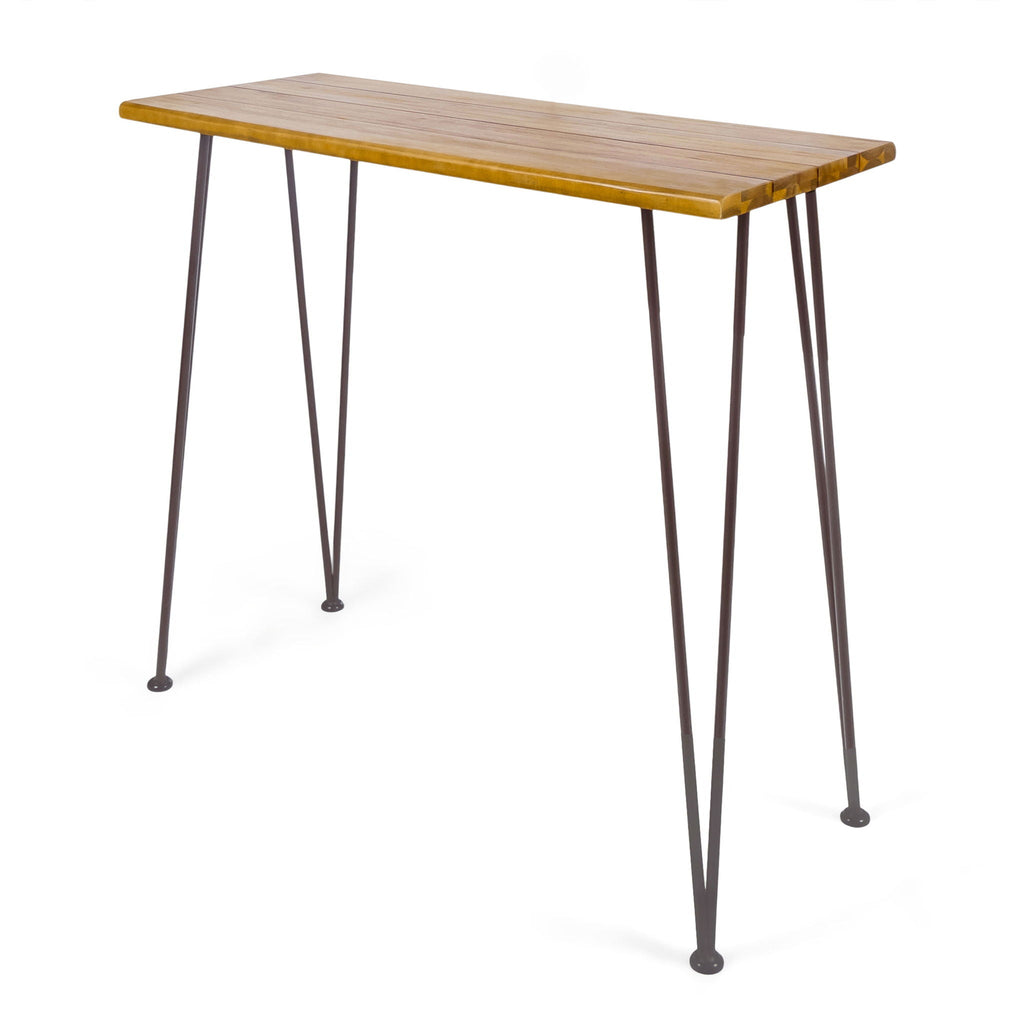 Outdoor Bar Table with Wood Tabletop and Iron Hairpin Legs - Black / Teak