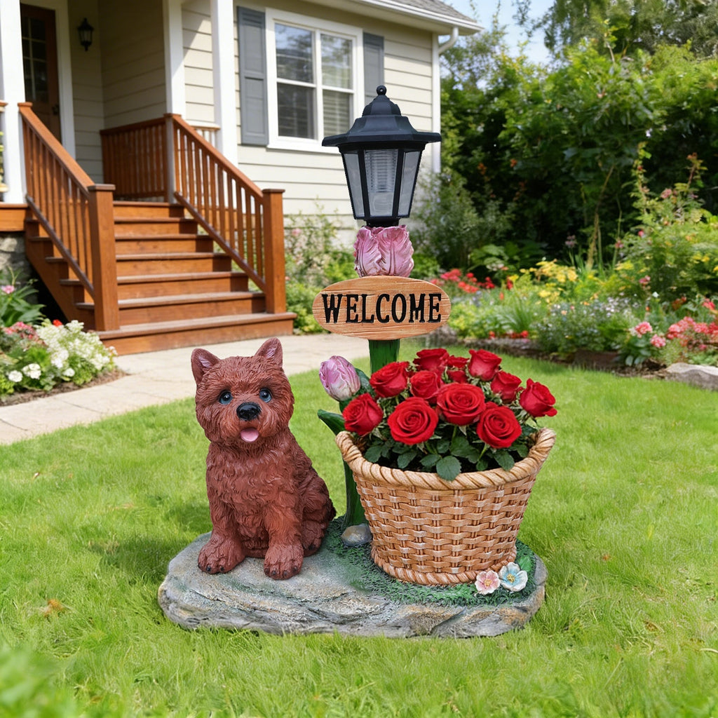 Sitting Puppy Solar Planter Outdoor Statue