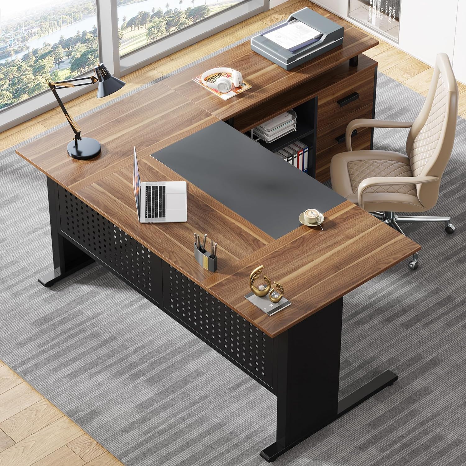 L-Shaped Executive Desk With File Cabinet, Office Workstation With Drawers, Shelves & Storage