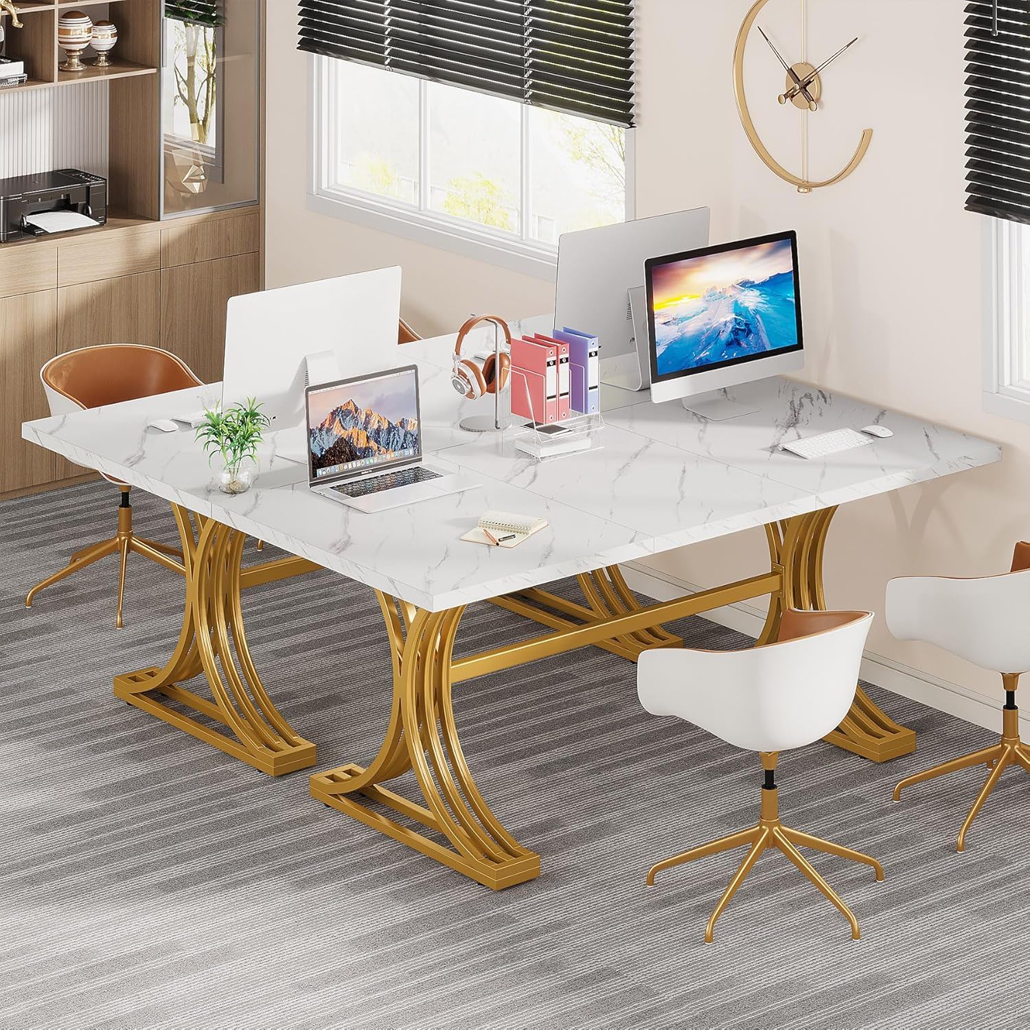 Executive Desk With X-Legs, Sturdy Office Workstation For Home Office - White / Gold