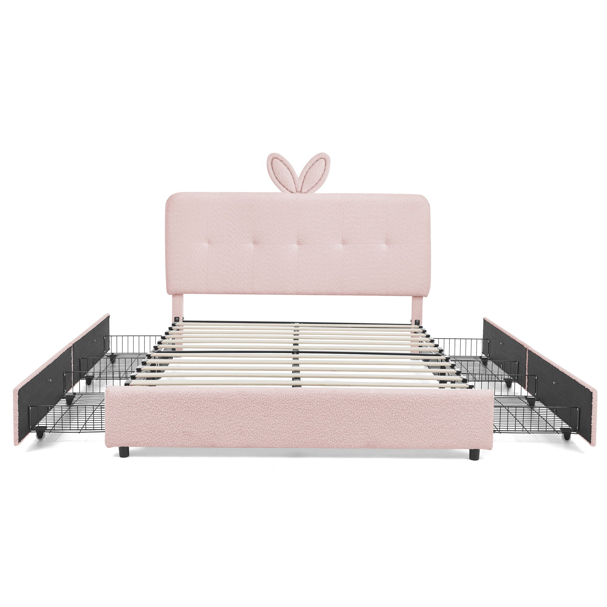 Upholstered Bed With Oversized Rabbit Ear Headboard, LED Lights & 4 Storage Drawers
