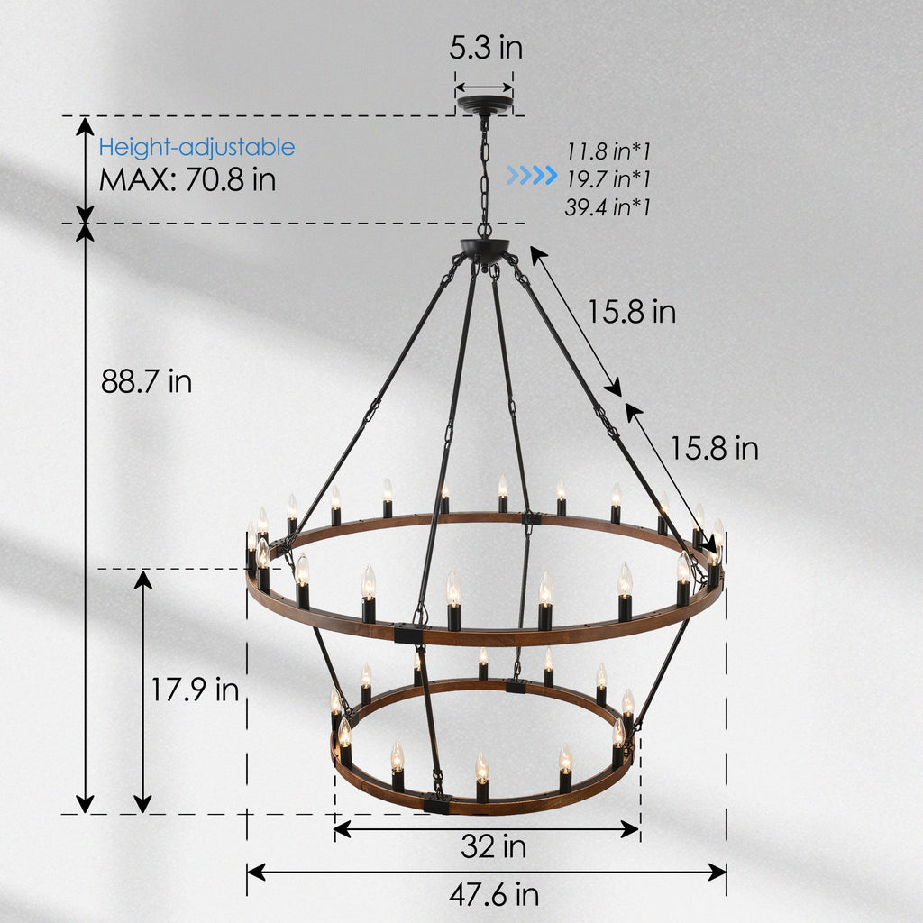 Large Solid Wood Wagon Wheel Chandelier, 2-Tier 32-Lights