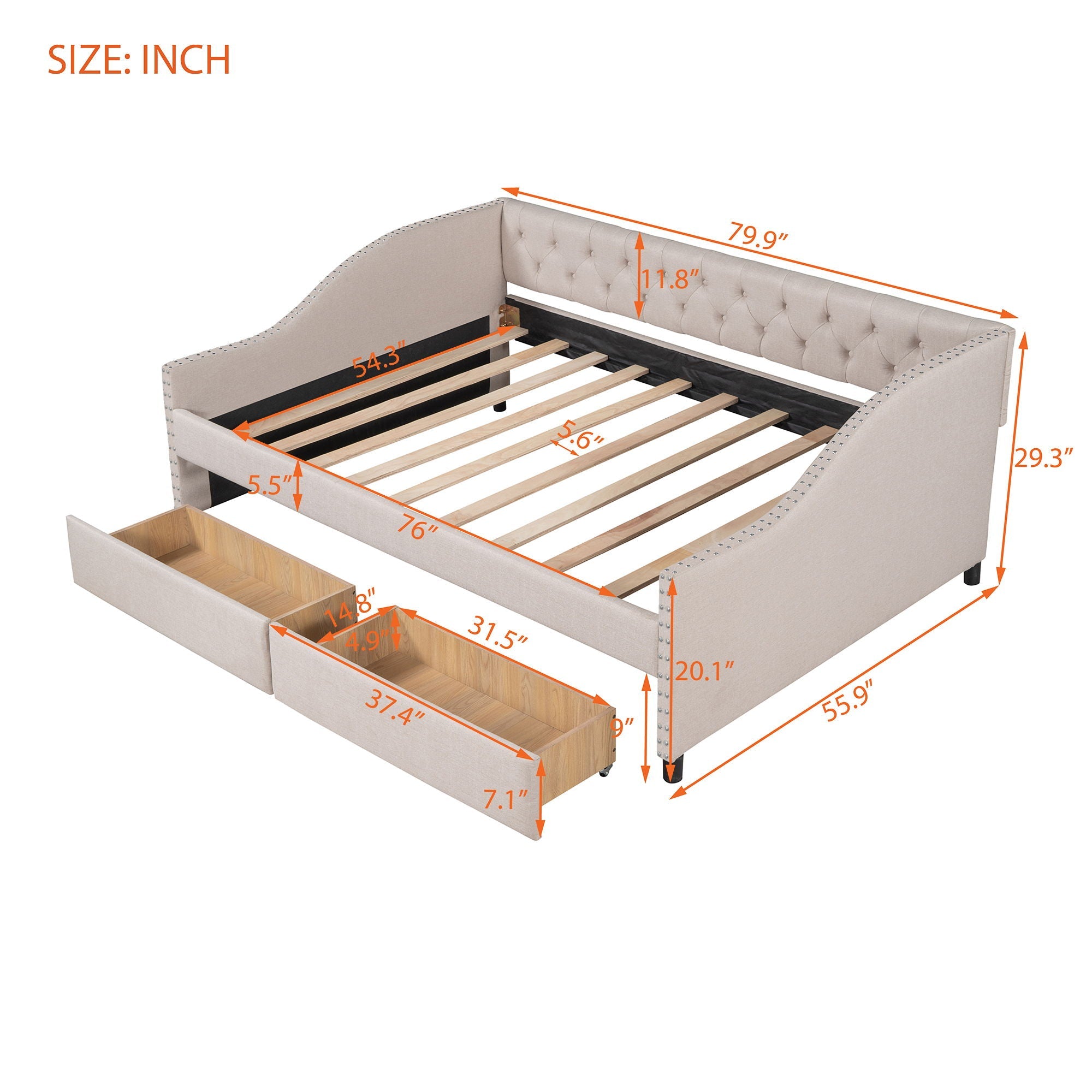 Upholstered Daybed With Two Drawers, Wood Slat Support