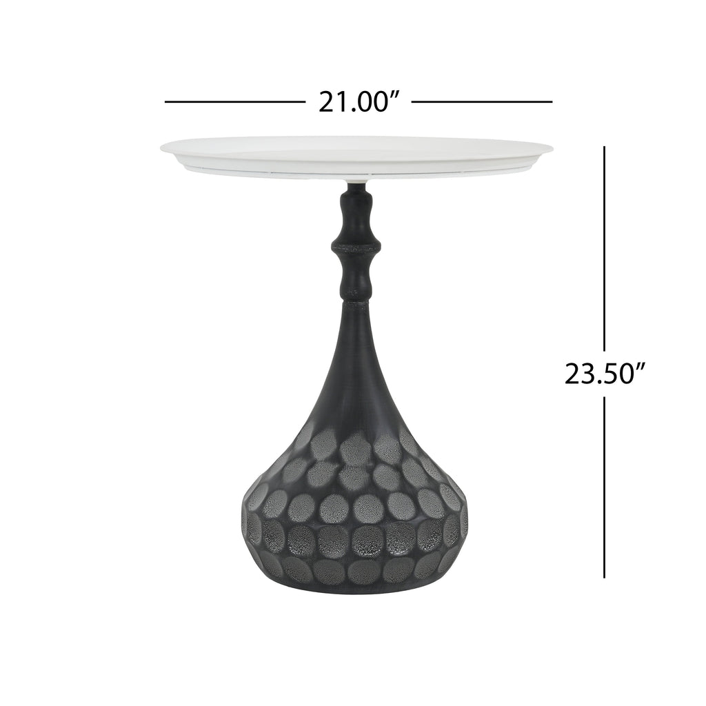 Accent Metal Coffee Table, Pedestal Table for Living Room, Hand-Hammered Texture, White+Black