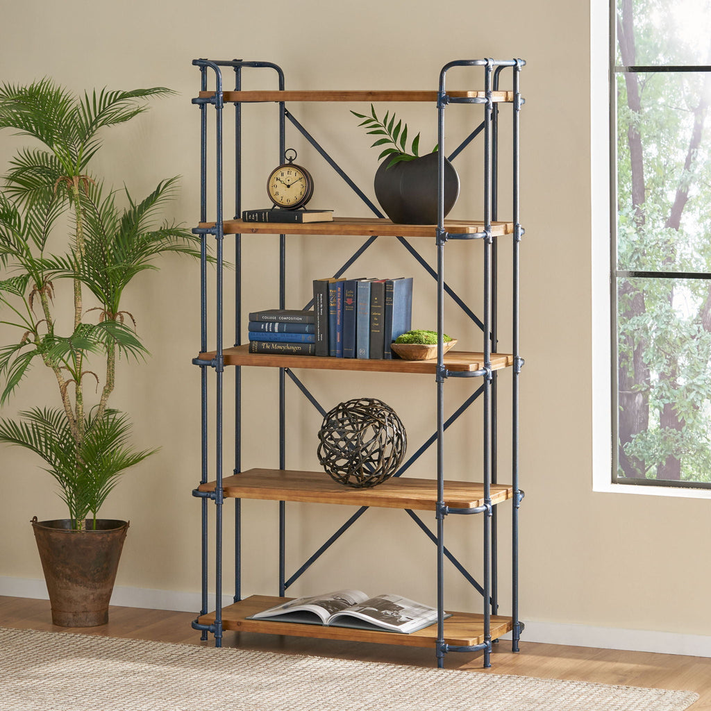 Yorktown Industrial 5 Shelf Bookcase with Metal Pipework and Solid Fir - Natural