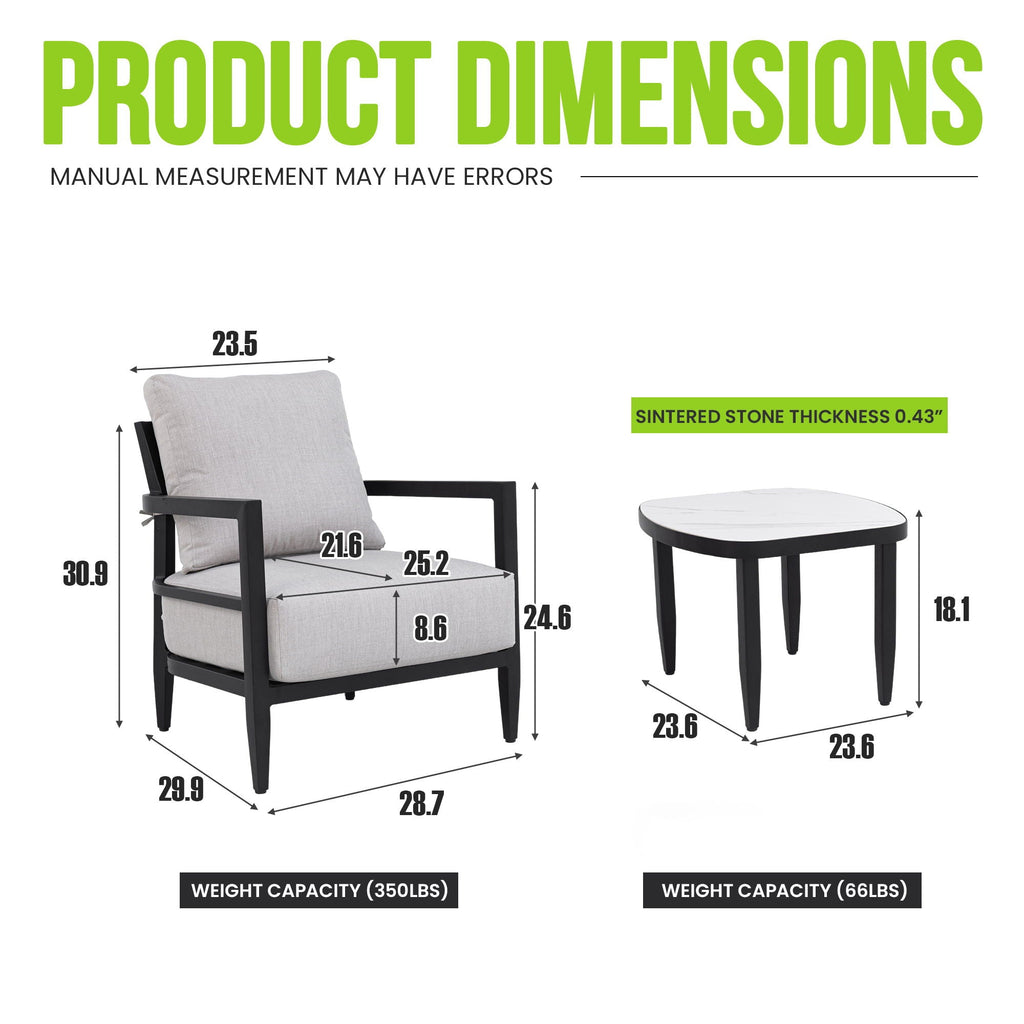 Outdoor Patio Furniture Chat Set with Sunbrella Cushions and Side Table