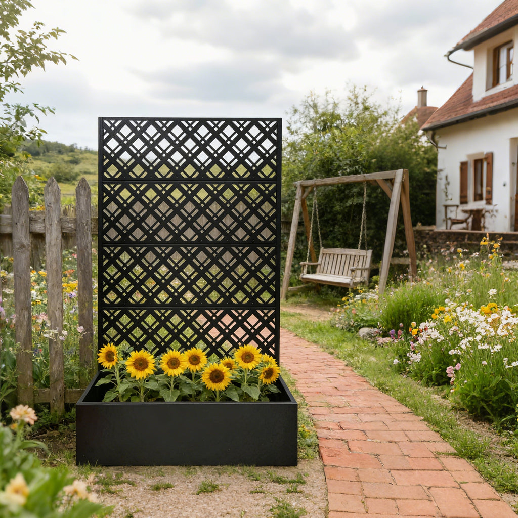 Rhombus Black Metal Planter Raised Garden Bed with Trellis