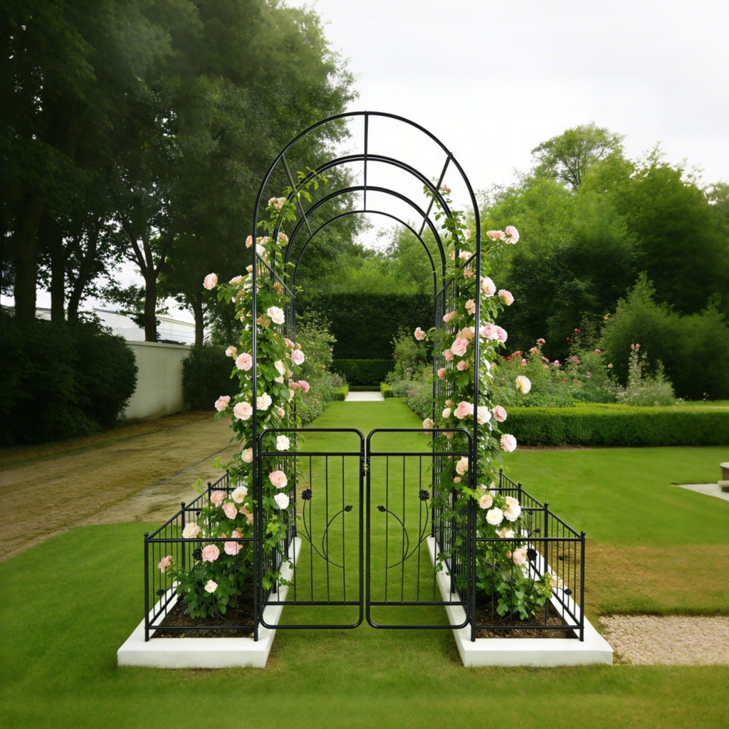 Metal Garden Arch With Gate Wide High Climbing Plants Support Rose Arch Outdoor - Black