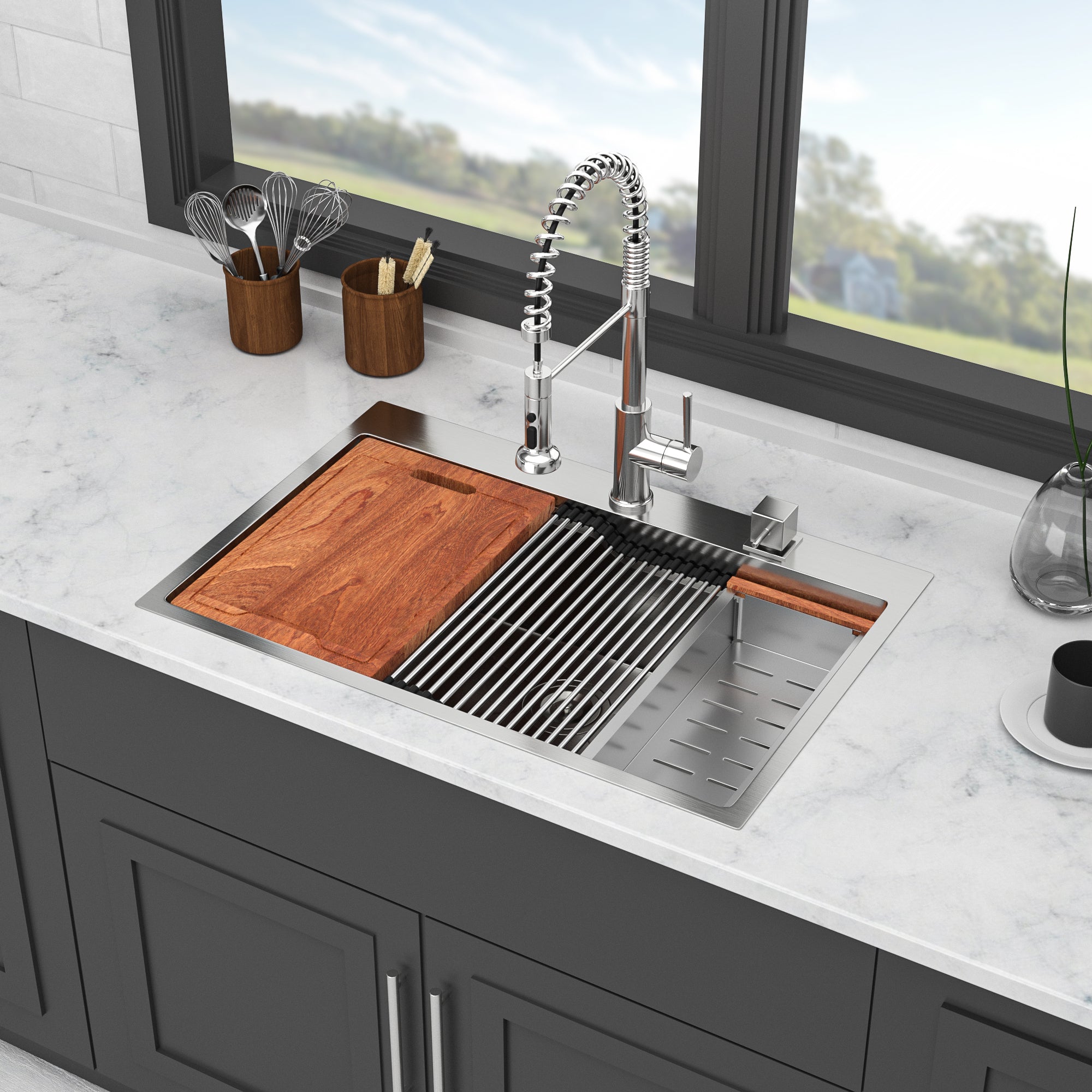 33 x 22 inches Brushed Nickel 33' Drop in Kitchen Sink with Ledge Workstation, Single Bowl, 16 Gauge Stainless Steel