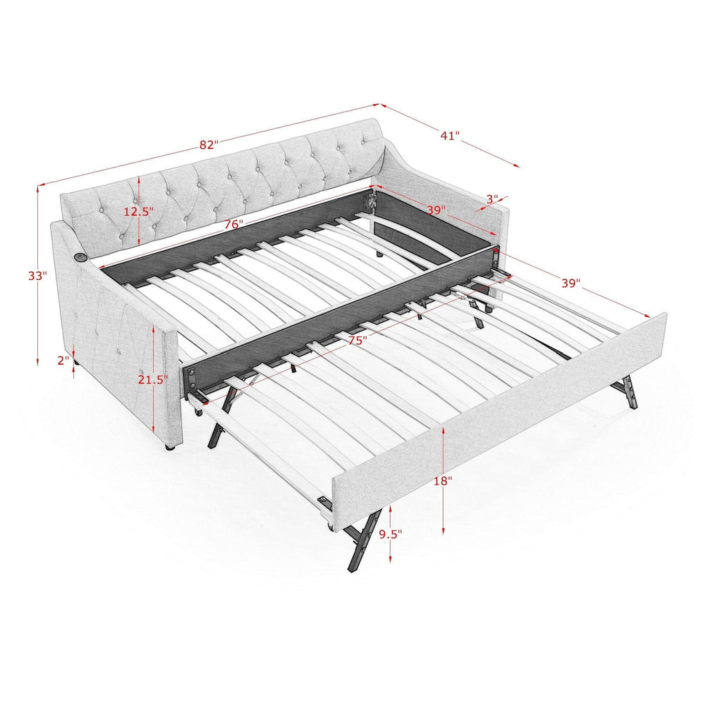 Size Upholstered Daybed With Trundle And USB Charging Armrest