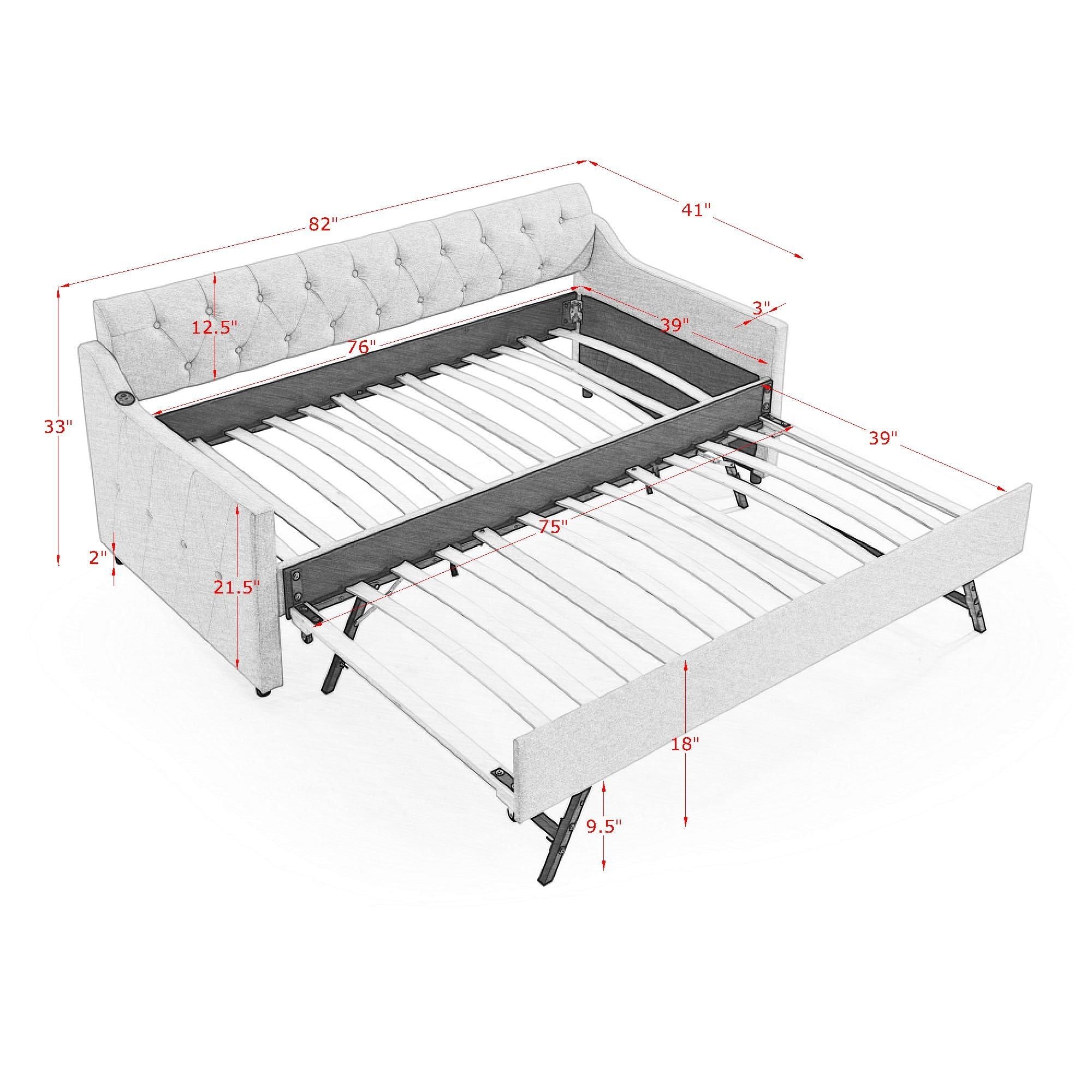 Size Upholstered Daybed With Trundle And USB Charging Armrest