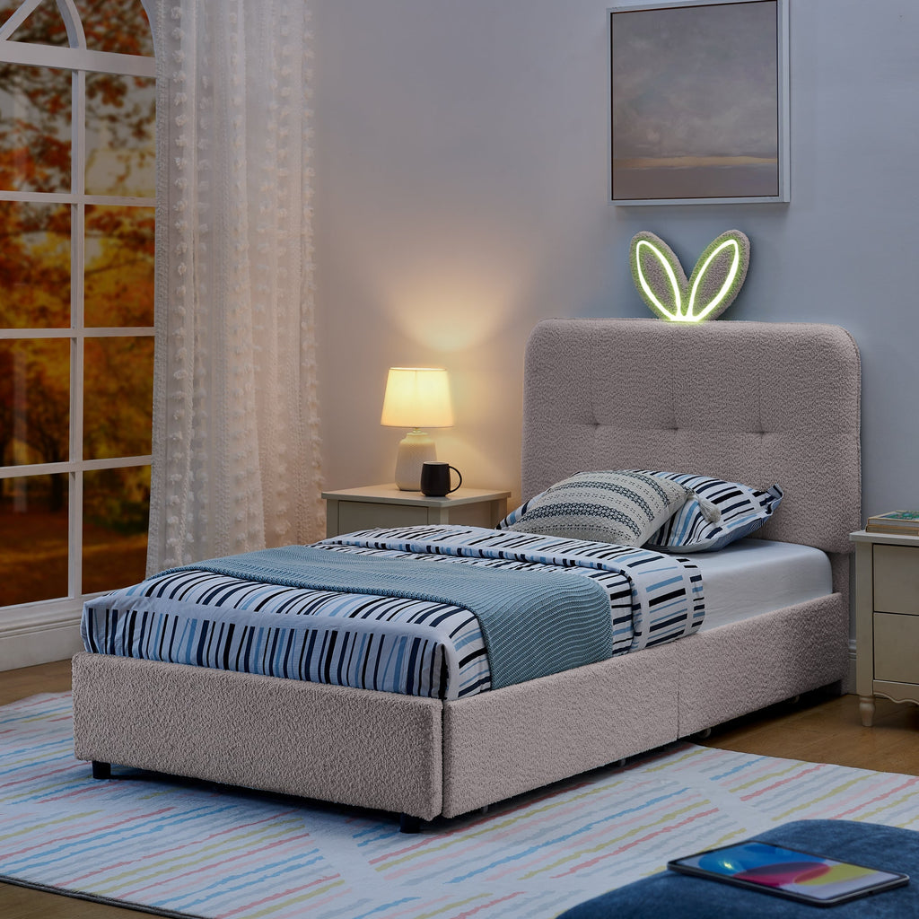 Twin Size Kids Upholstered Bed with Oversized Rabbit Ear Headboard