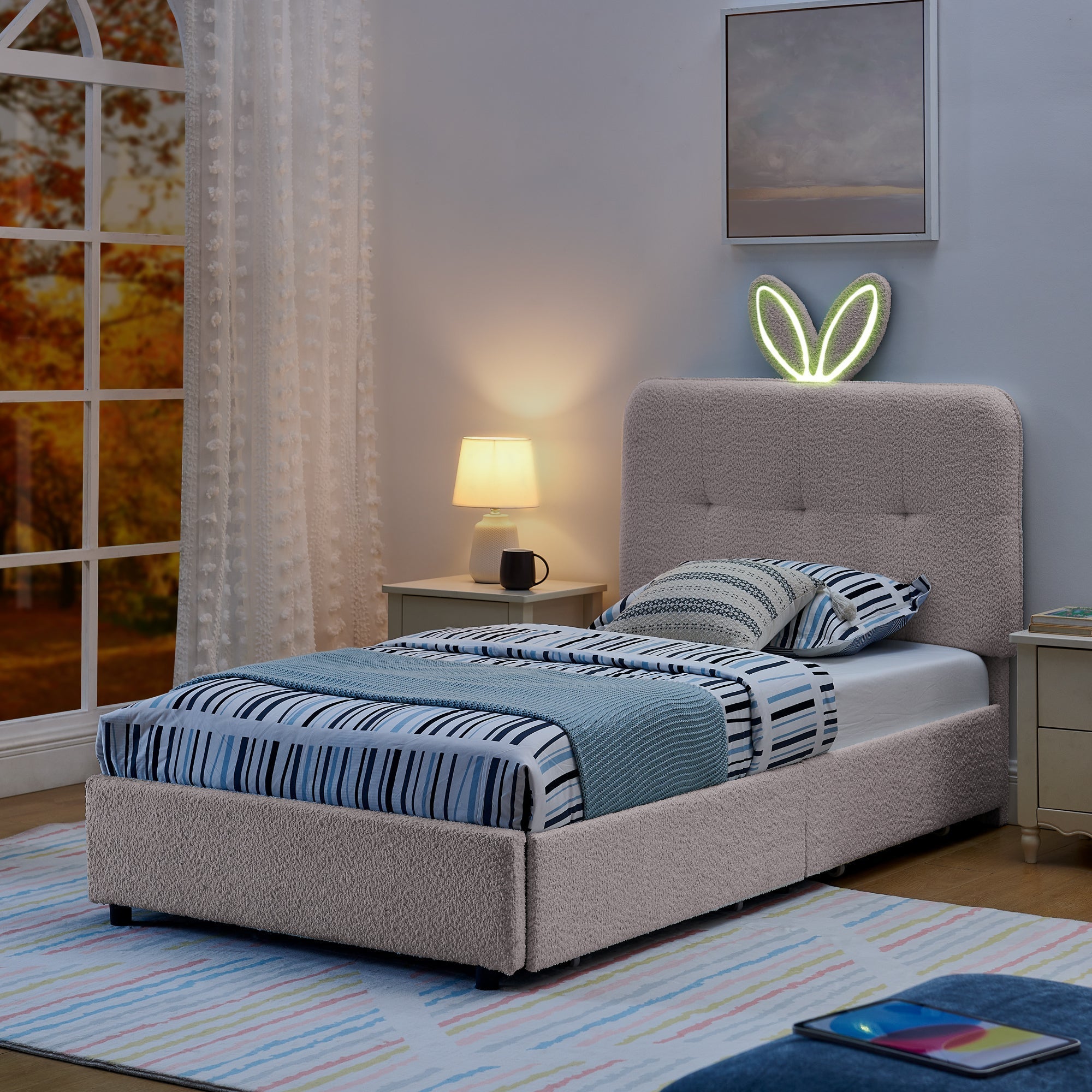 Twin Size Kids Upholstered Bed with Oversized Rabbit Ear Headboard