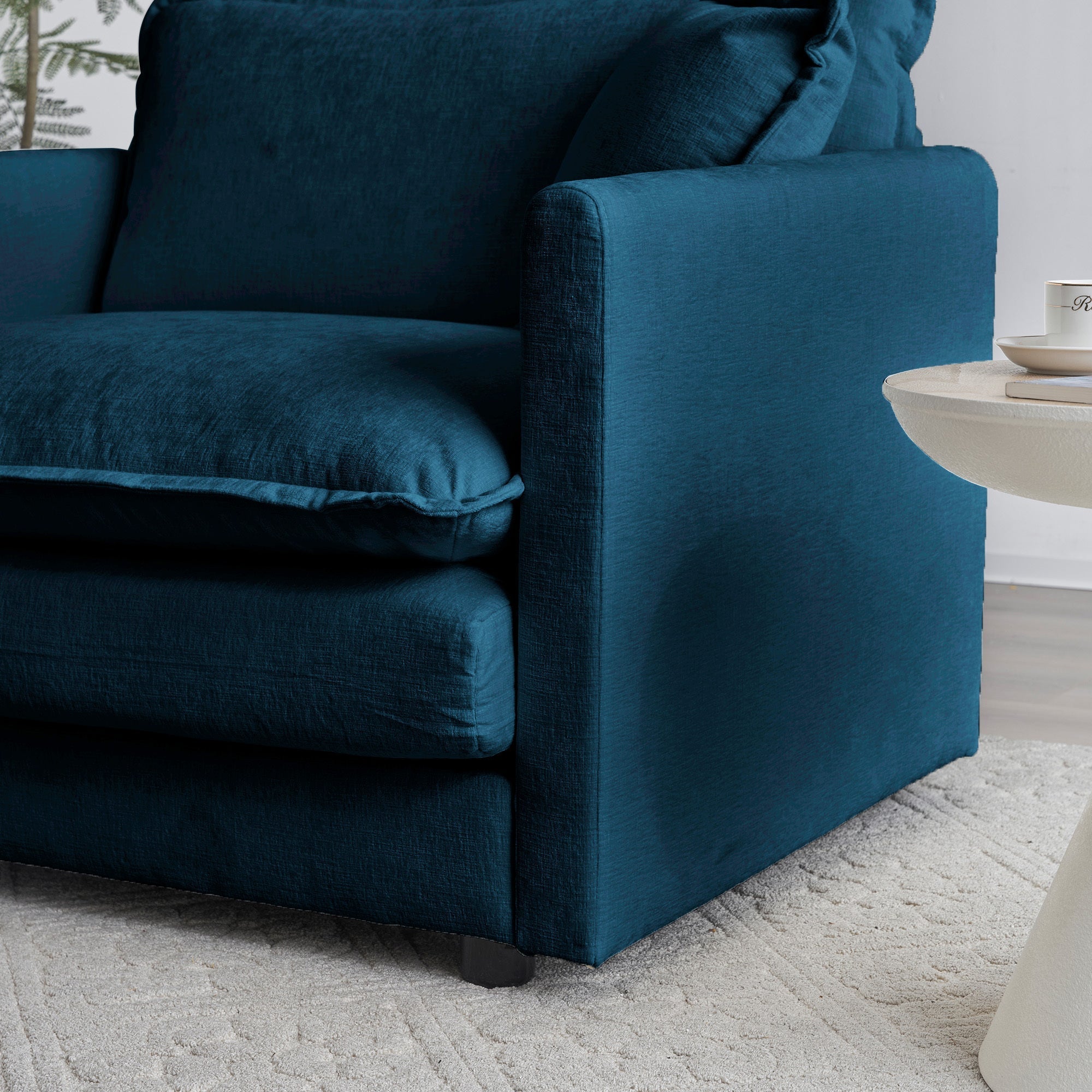Comfy Deep Single Seat Sofa Upholstered Reading Armchair in Blue Chenille Fabric