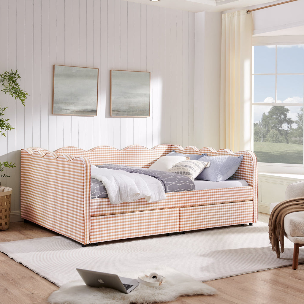 Queen Size Cozy Gingham Daybed with Two Storage Drawers and USB Port