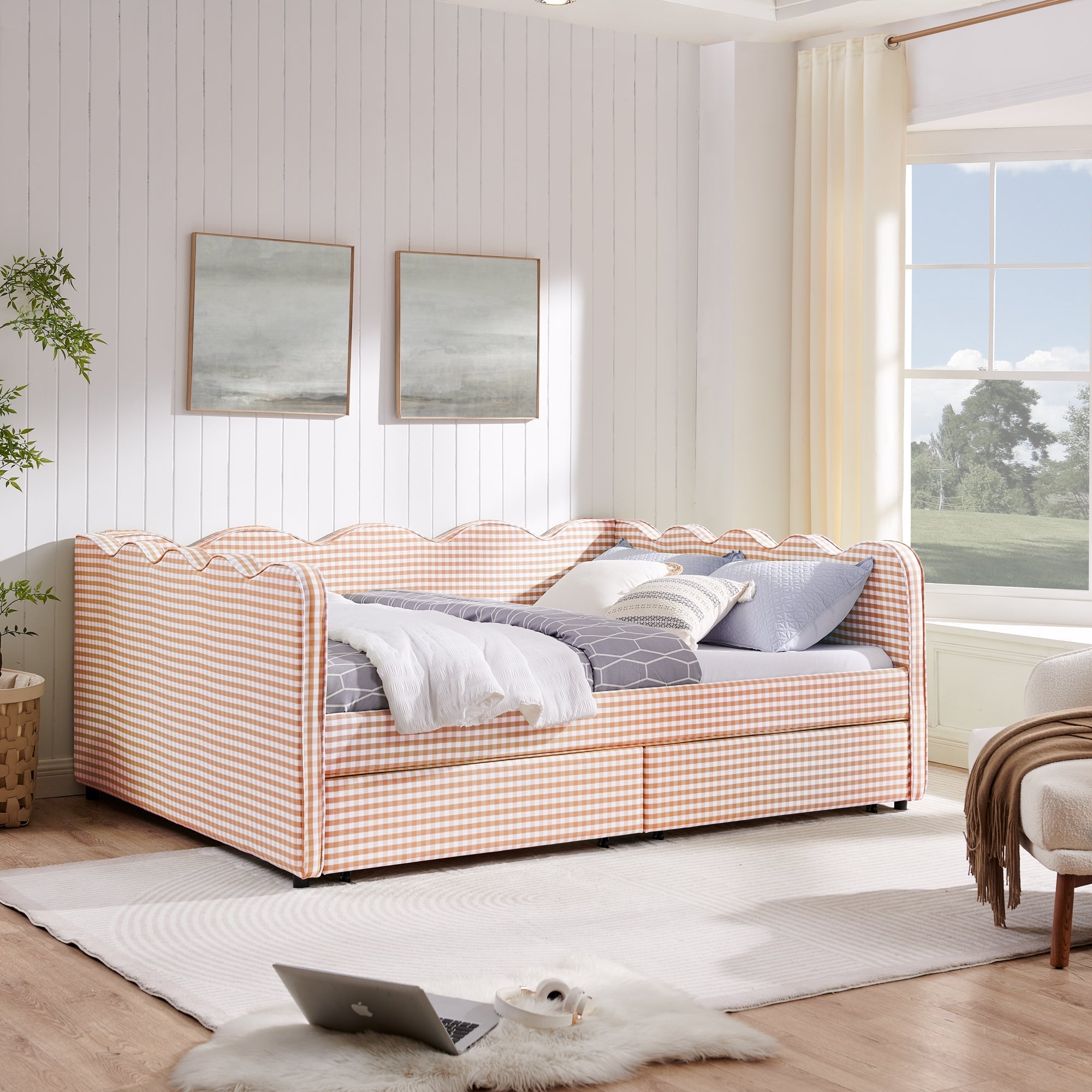 Queen Size Cozy Gingham Daybed with Two Storage Drawers and USB Port