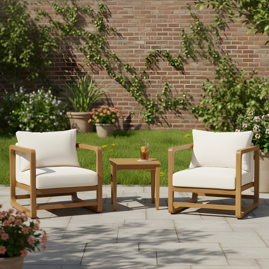 Acacia Wood Outdoor Set: 2 Club Chairs + Rustic Slat Side Table