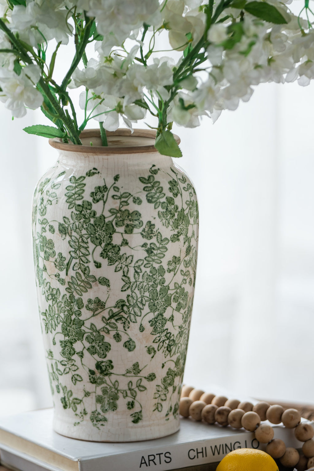 6.5x6.5x11.6 White Ceramic Flower Vase with Green Floral Pattern