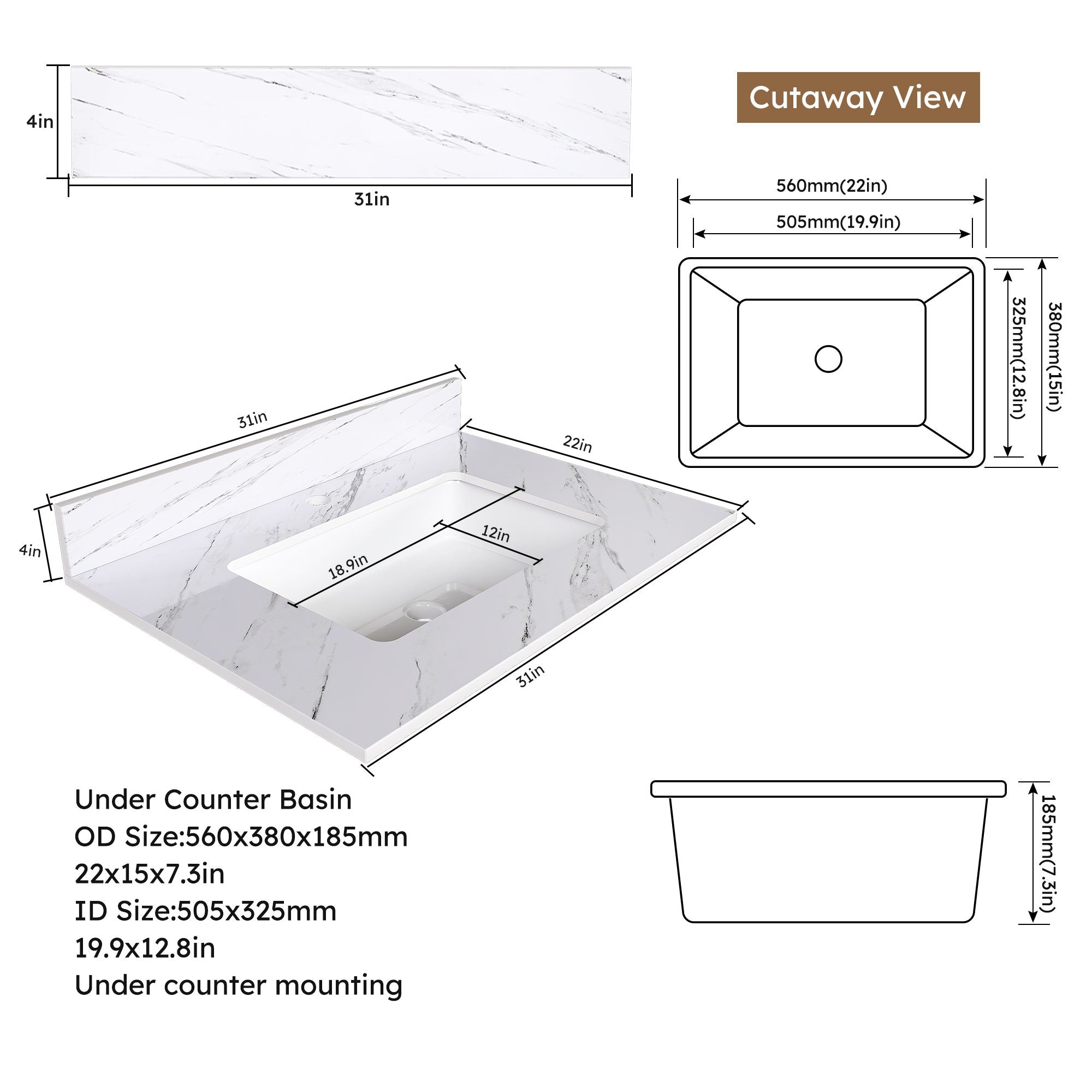 Bianco Carrara Venato Marble Vanity Top With Pre Drilled Faucet Hole And Undermount Sink