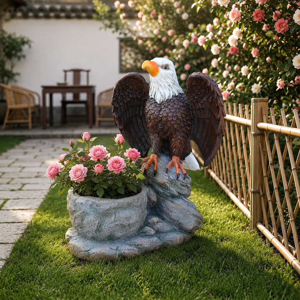 Standing Eagle Statue Garden Planter on Faux Stone Base