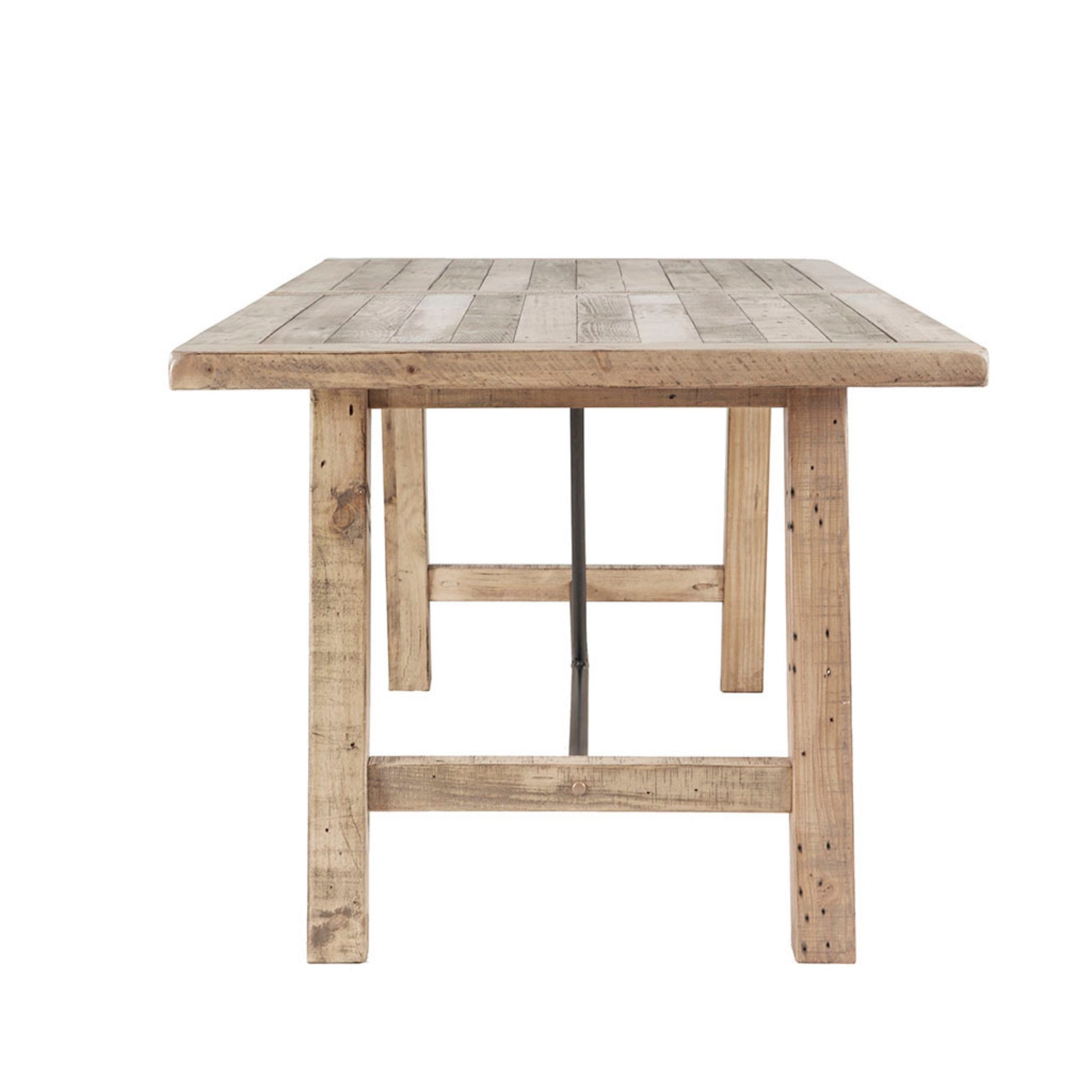 Rustic Dining Table with Metal Support in Natural Pine Wood Finish