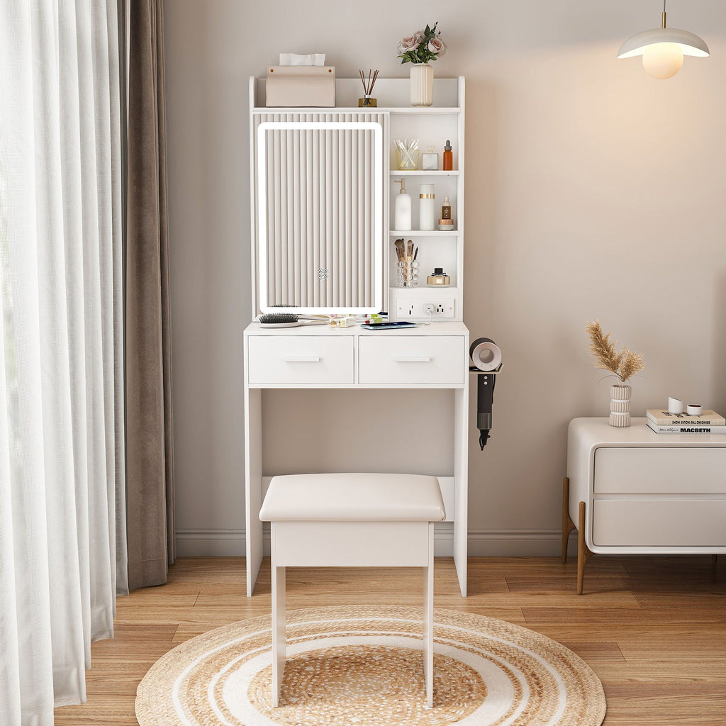 Space Saving Makeup Vanity Desk With Mirror & Adjustable LED Lights