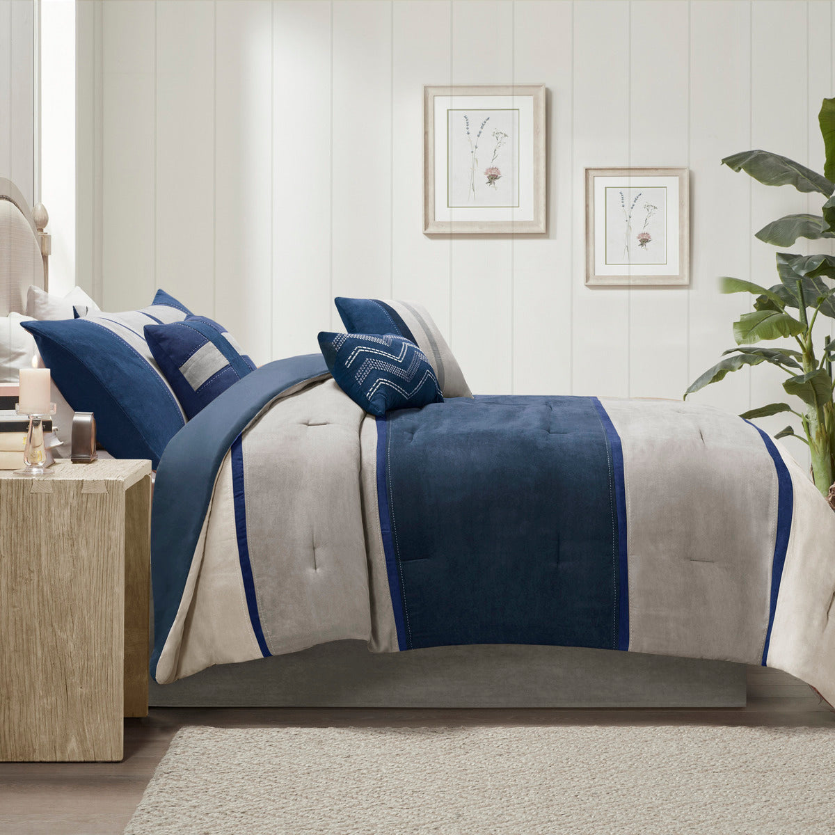 7 Piece Faux Suede Comforter Set Blue King