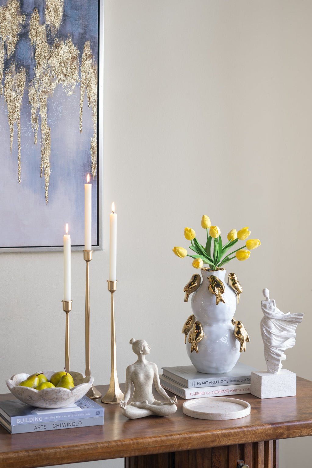 8.5x8.5x14 White Two-Tiered Ceramic Vase with Gold Bird Accents
