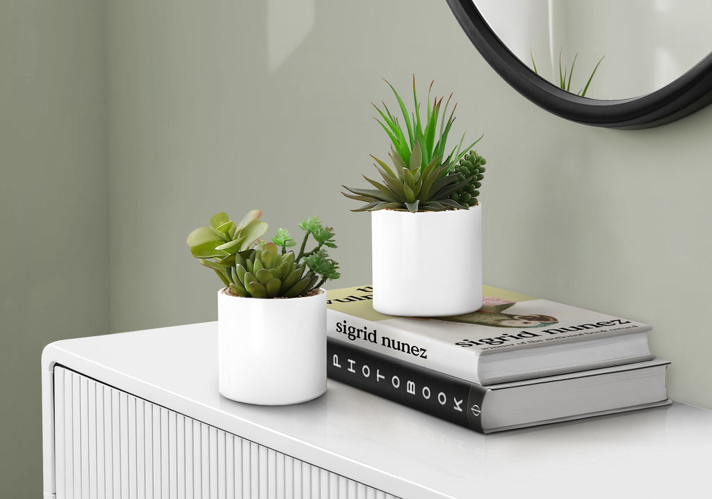 7" Tall Artificial Succulent Plant Set of 2 with White Ceramic Pots