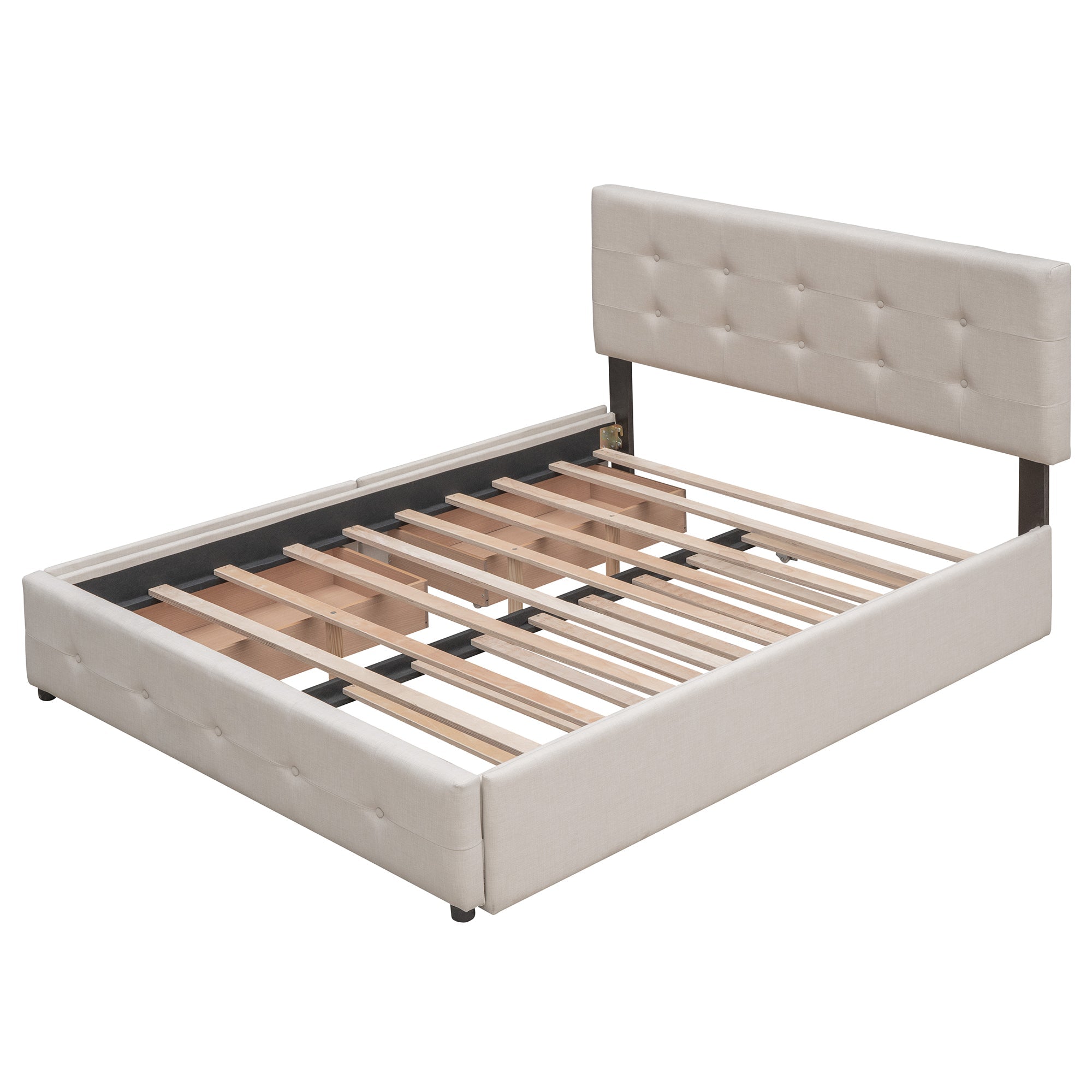Upholstered Platform Bed with 2 Drawers and 1 Twin XL Trundle,  Linen Fabric, Queen Size - Dark Beige(OLD SKU :LP100314AAA)