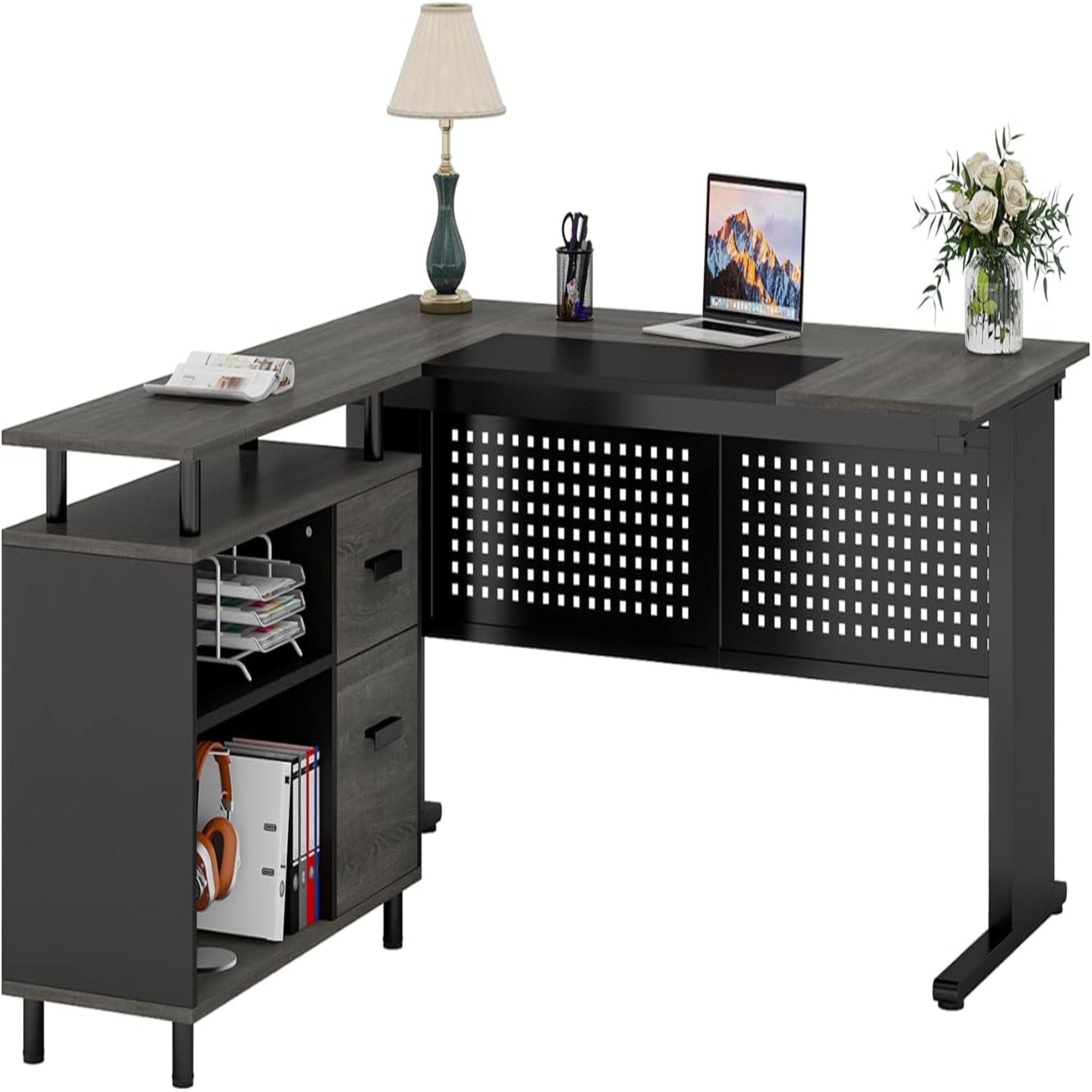 L-Shaped Executive Desk With File Cabinet, Office Workstation With Drawers, Shelves & Storage