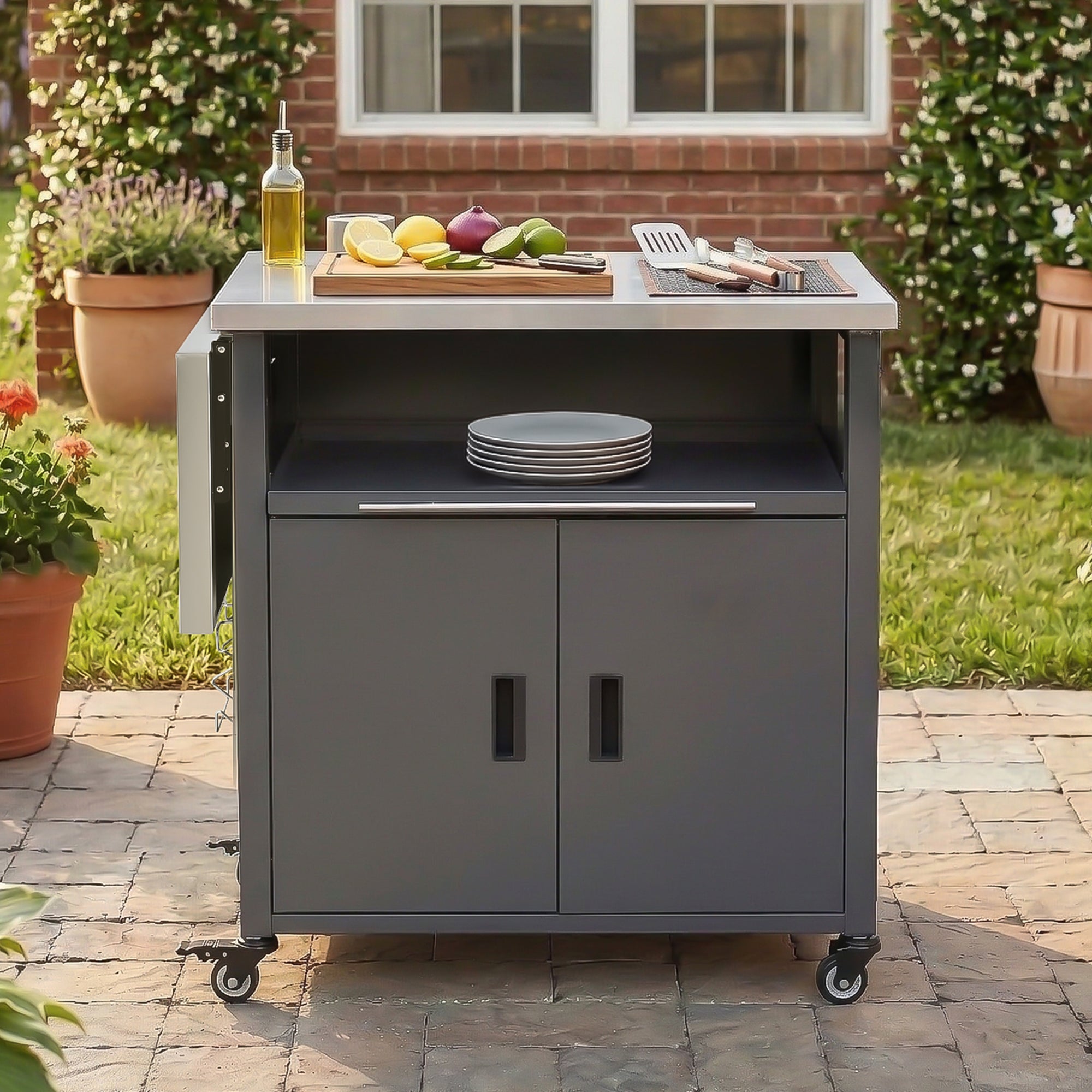 Foldable Outdoor Prep Station BBQ Cart Patio Dining Cart