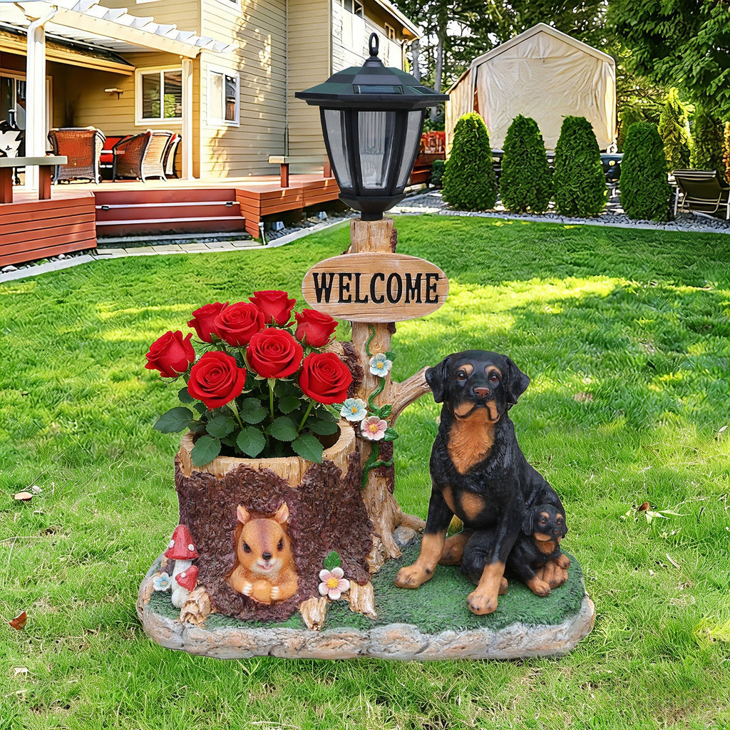 Rottweiler Dog Family Planter Statue