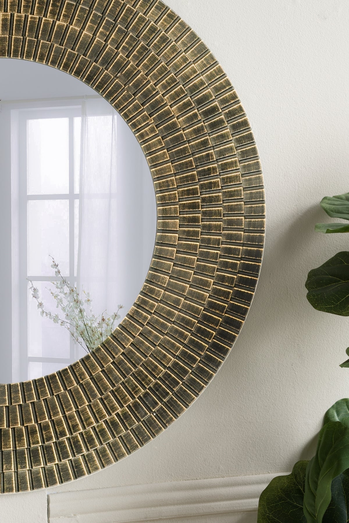 29.5" Round Gold and Black Wooden Accent Mirror with Woven Texture