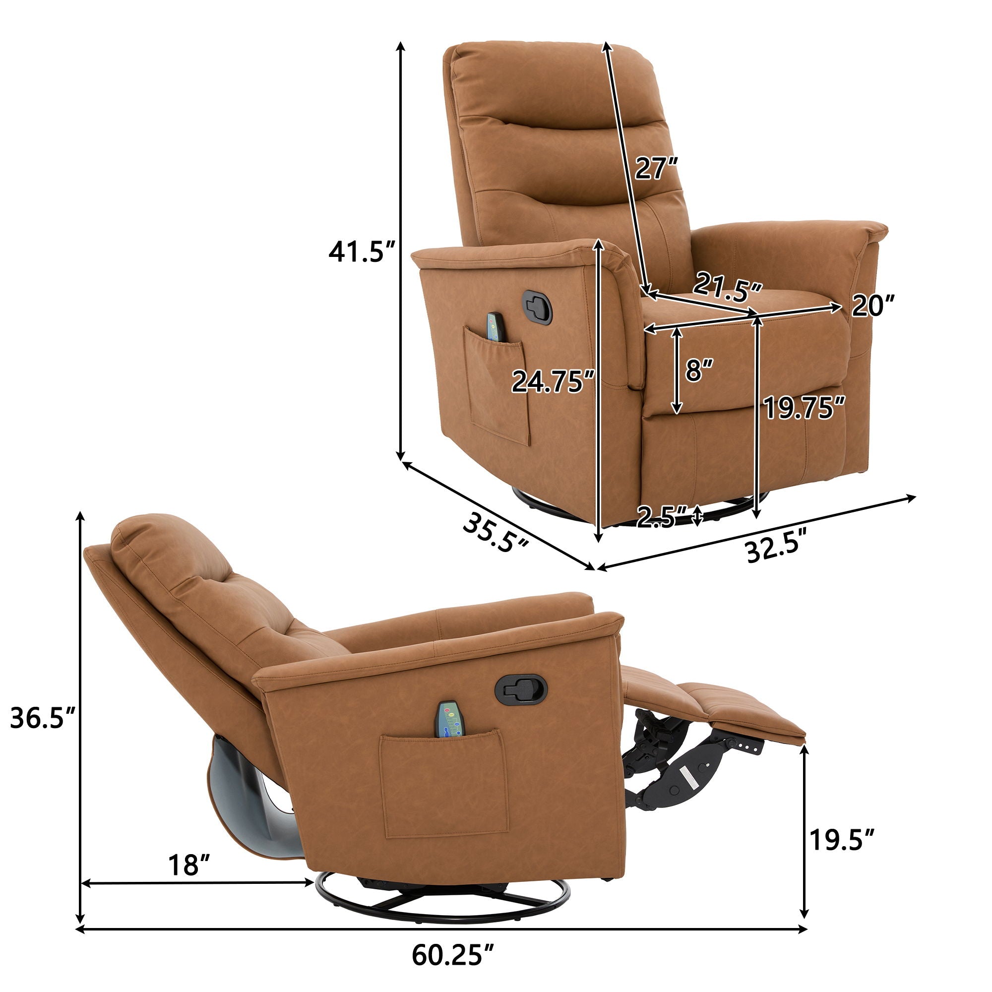 Manual Recliner Chair With 8-Point Massage and Swivel Function