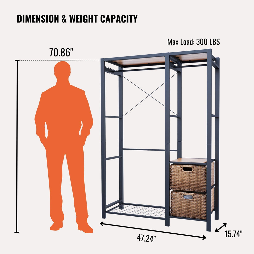 Garment Rack With Shelves, 2 Wicker Drawers, 4 Hooks Organizer