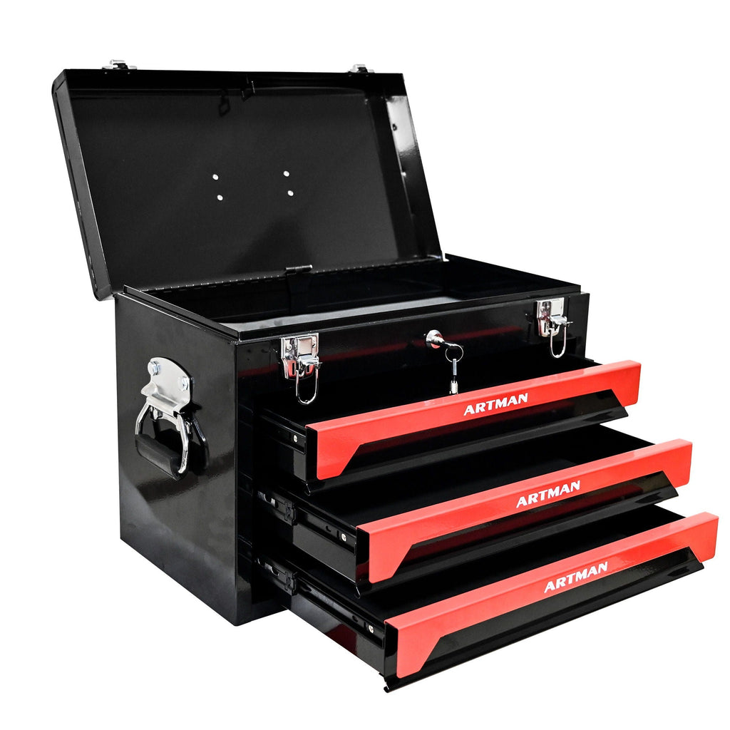 Portable 20" Steel Tool Box With 3 Drawers And Metal Latch Closure