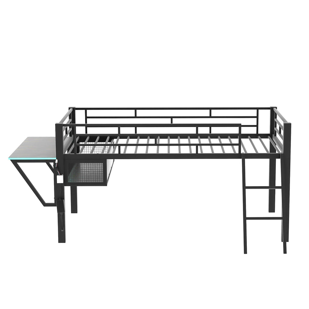 Modern Gaming Mid Loft Bed With Desk And LED Lights