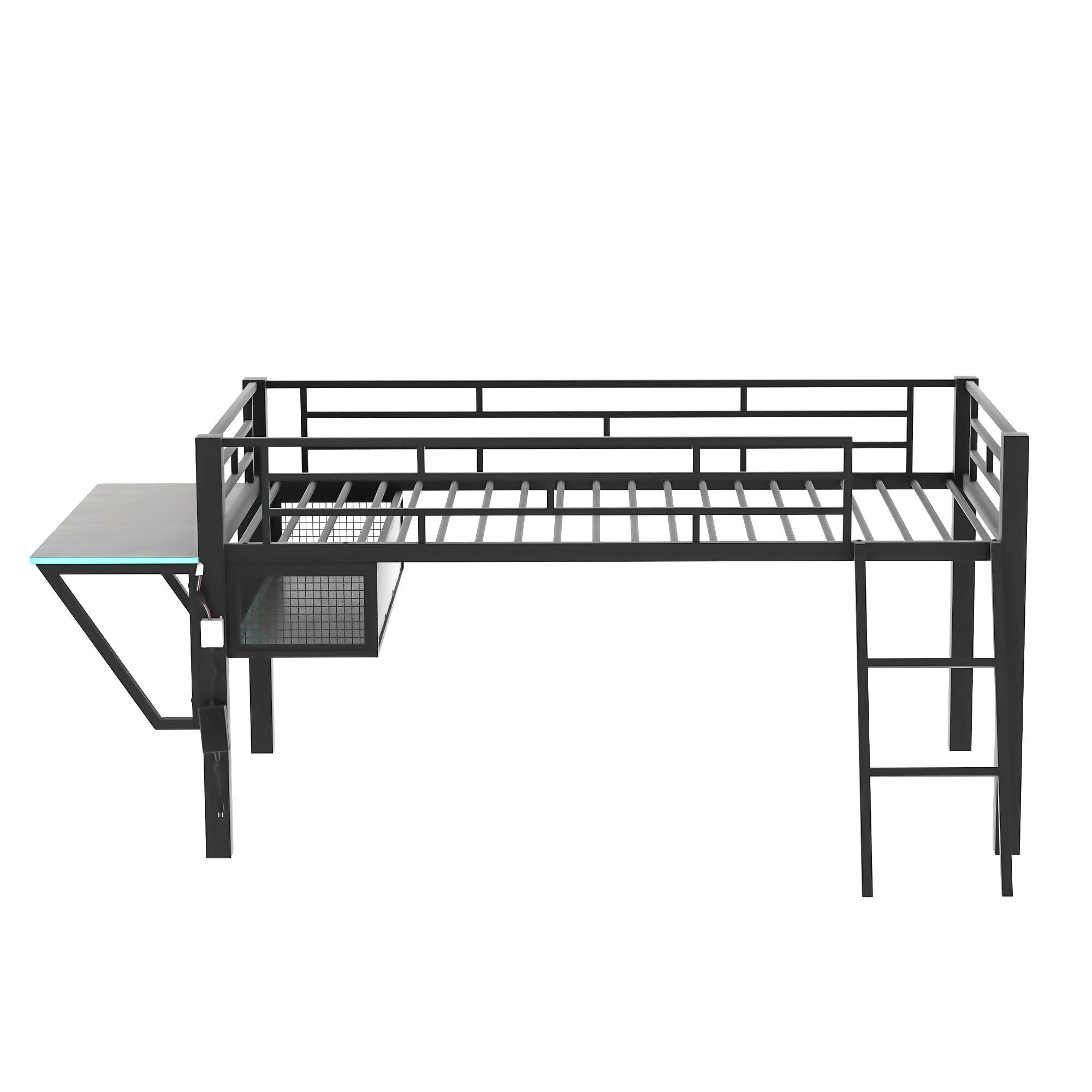 Modern Gaming Mid Loft Bed With Desk And LED Lights