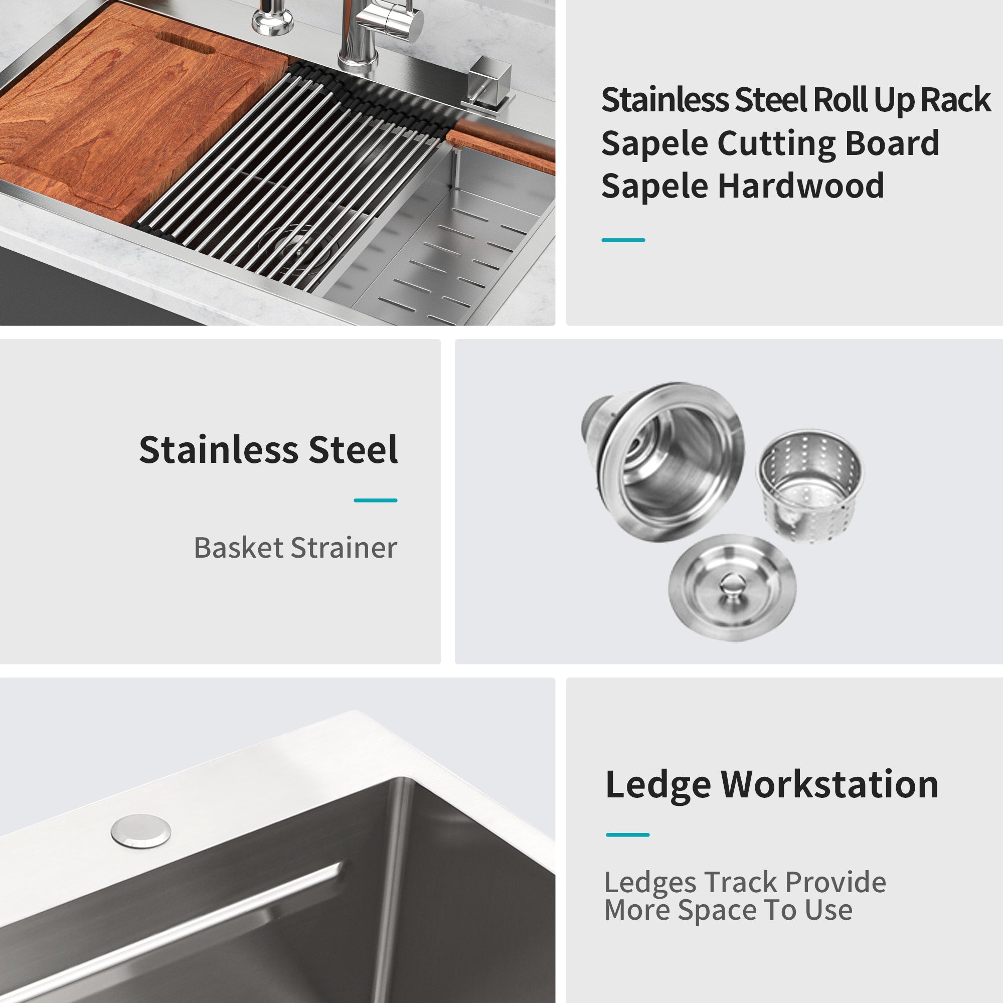33 x 22 inches Brushed Nickel 33' Drop in Kitchen Sink with Ledge Workstation, Single Bowl, 16 Gauge Stainless Steel