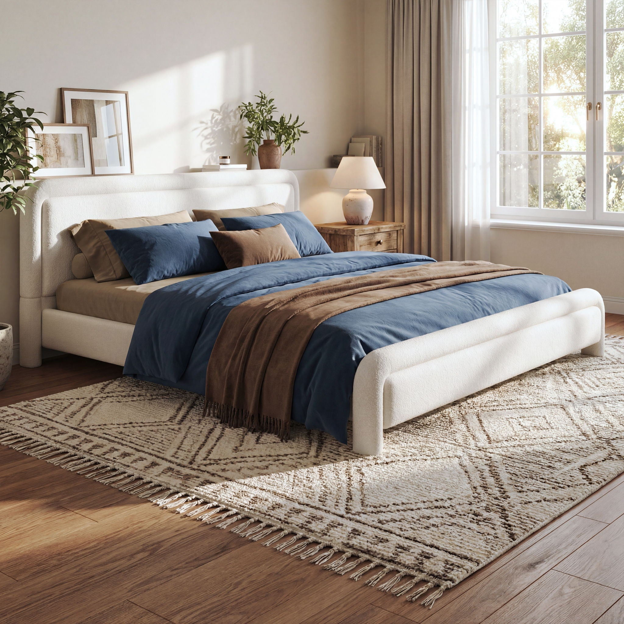 Upholstered Platform Bed Frame With Curved Headboard, Wood Slats Support