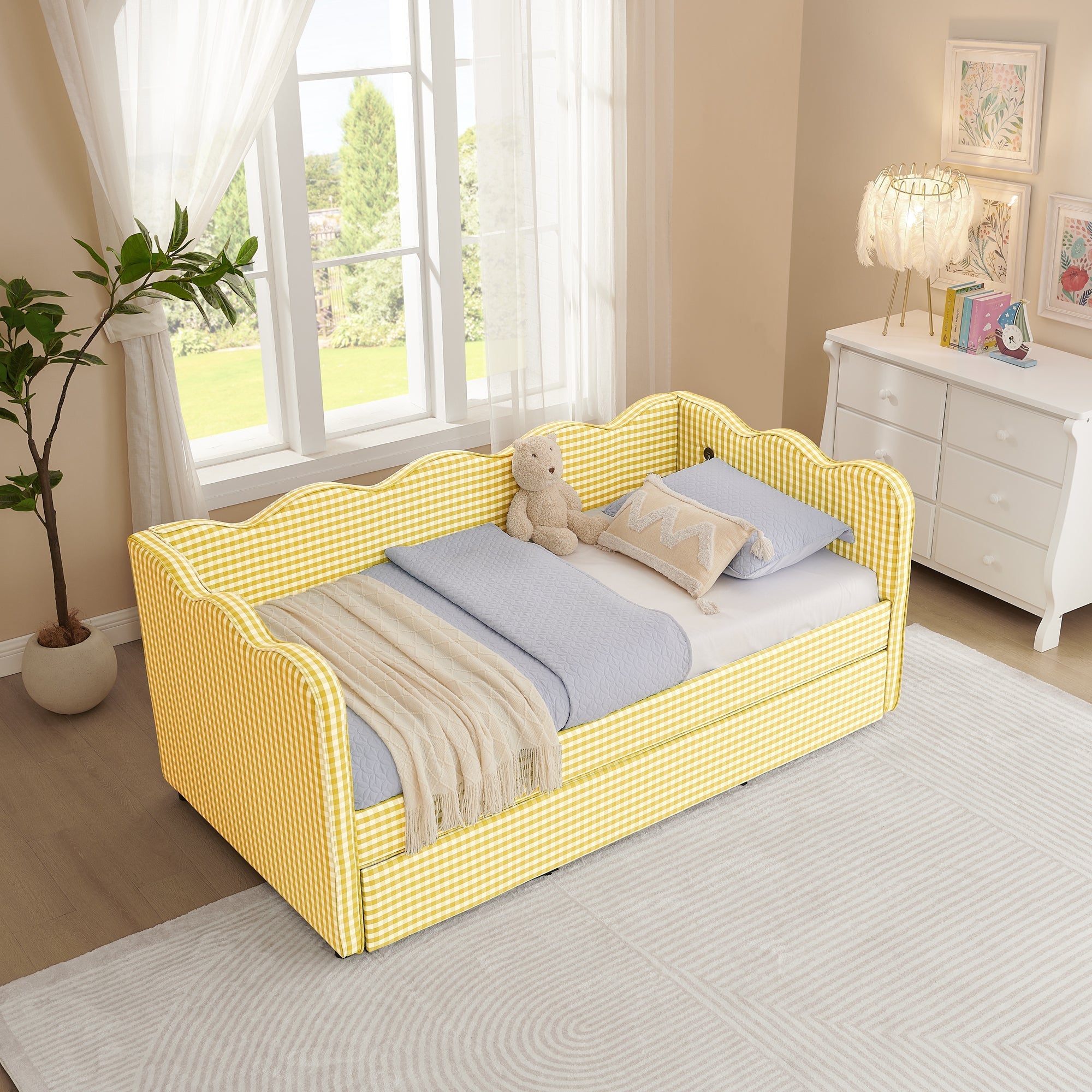 Cozy Gingham Daybed with Trundle Twin Size Sofa Bed