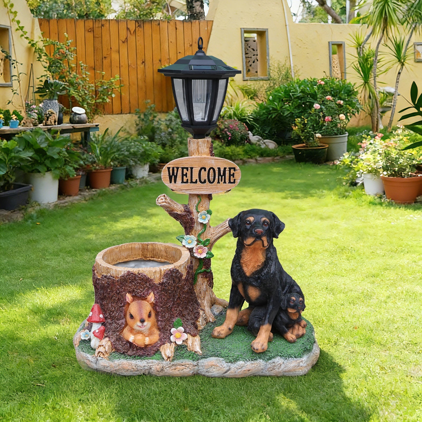 Rottweiler Dog Family Planter Statue